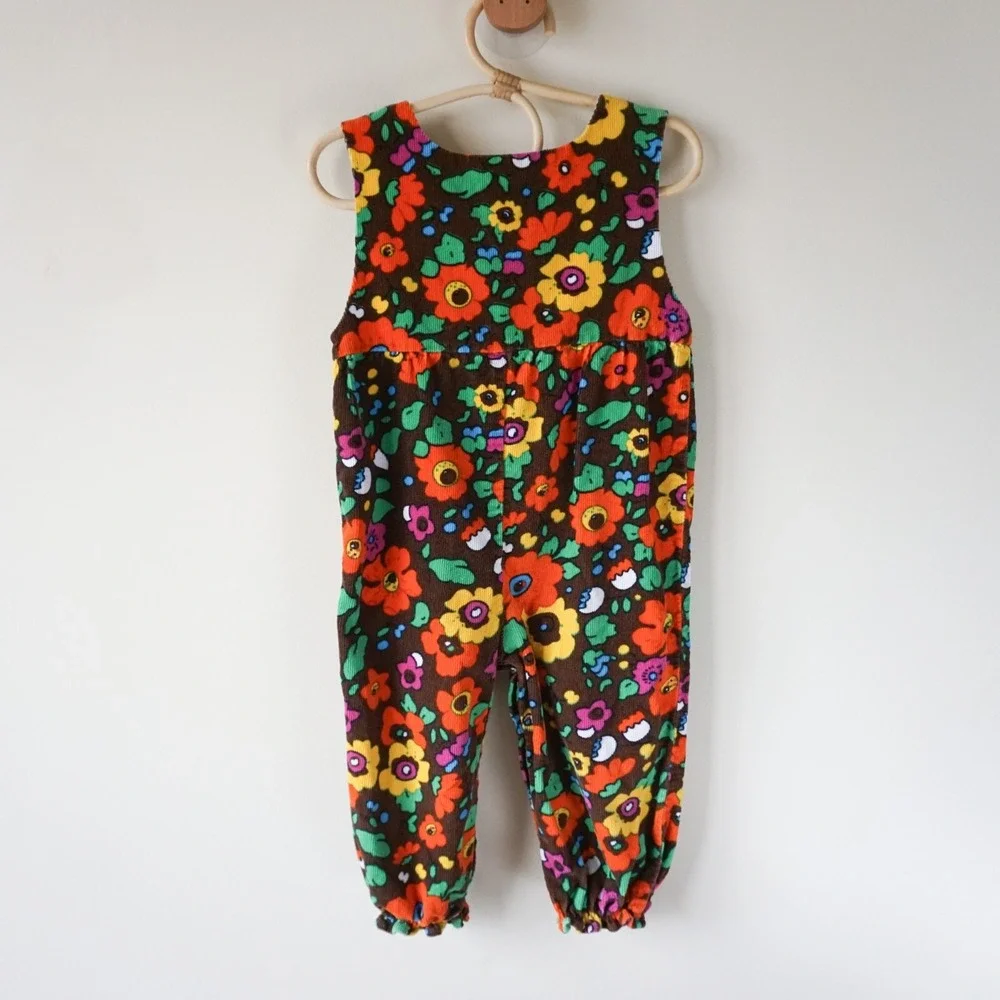 Rugged‎ Bear Floral Corduroy Romper Baby 24 Months Brown Orange Retro